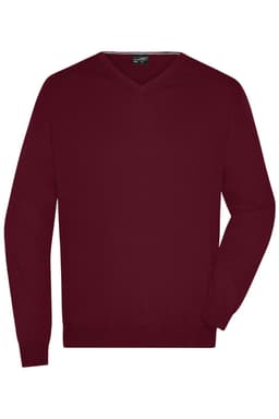 A burgundy men's V-neck pullover jumper displayed on a plain background, featuring long sleeves and a logo.