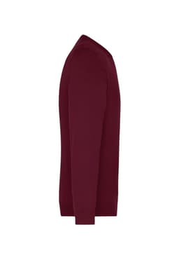 A burgundy men's V-neck pullover jumper, showcasing a side view with long sleeves and a fitted silhouette.