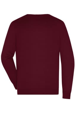 A maroon men's V-neck pullover jumper with long sleeves and a simple design. It has a logo on the back.