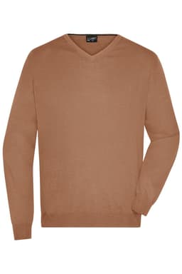 A men's V-neck pullover in a warm brown colour, featuring long sleeves and a simple design. It includes a logo.