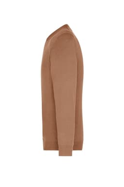 A men's v-neck pullover in a tan colour, featuring long sleeves and a fitted design. Includes branding.