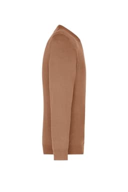 A men's v-neck pullover in a tan colour, featuring a knitted design and a fitted silhouette.
