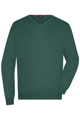 A dark green men's V-neck pullover jumper with long sleeves and a logo on the label.