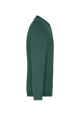 A green men's V-neck pullover jumper, viewed from the side, featuring a fitted design.