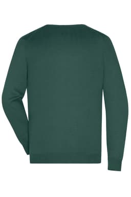 A green knitted V-neck pullover jumper with long sleeves and a back view. It features a branding logo.