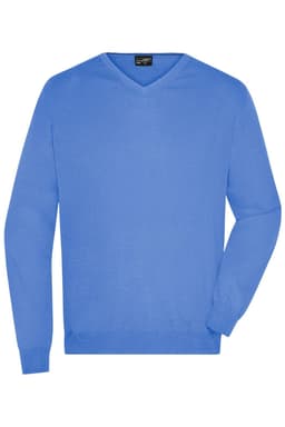 A blue men's V-neck pullover jumper with long sleeves and a simple design. It features a logo on the label.