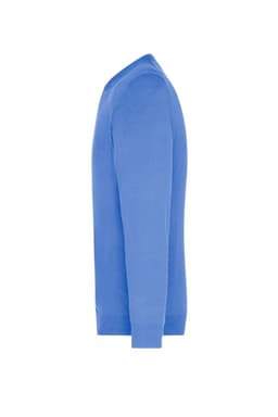 A blue men's V-neck pullover jumper displayed from the side, showcasing its knitted texture and shape.
