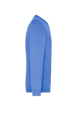 A side view of a men's knitted jumper in a bright blue colour, featuring a V-neck design. It has a logo on the side.