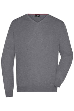 A grey men's V-neck pullover jumper with long sleeves and a simple design, featuring a logo.