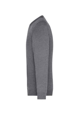 A grey V-neck pullover jumper with long sleeves, featuring a slim profile and ribbed cuffs.