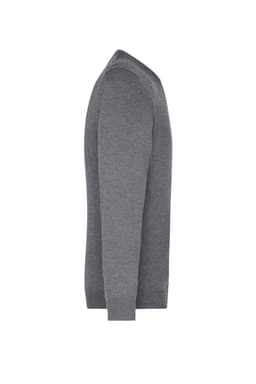 A grey men's V-neck pullover jumper, featuring a fitted side view and a logo on the garment.