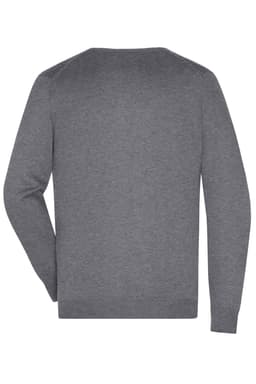 A grey men's V-neck pullover jumper featuring long sleeves and a simple design, with a logo on the back.