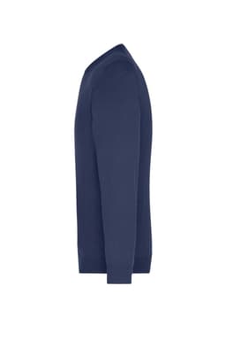 A navy V-neck pullover jumper with long sleeves. The garment is displayed from the side view. It has a logo.