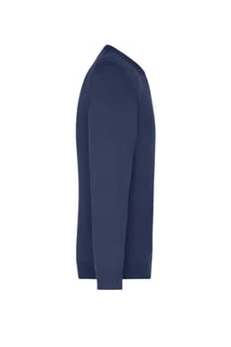 A navy V-neck pullover jumper with long sleeves and a fitted design. It features a subtle brand logo.