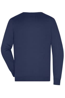 A navy blue men's V-neck pullover jumper with a simple, knitted design and a rear view.