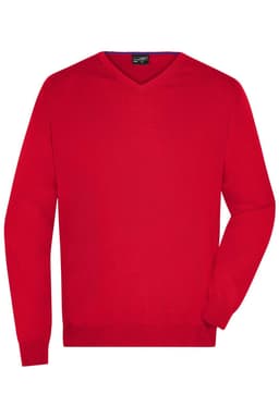 A red V-neck pullover jumper with long sleeves, featuring a brand logo.