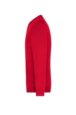 A red men's V-neck pullover jumper is displayed, featuring long sleeves and a fitted silhouette. It includes a logo.