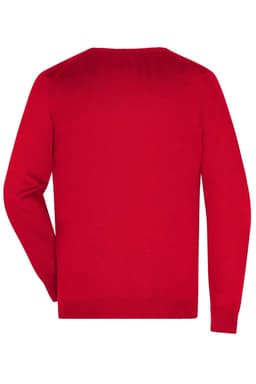 A red men's V-neck pullover, featuring long sleeves and a simple design, with a logo on the back.