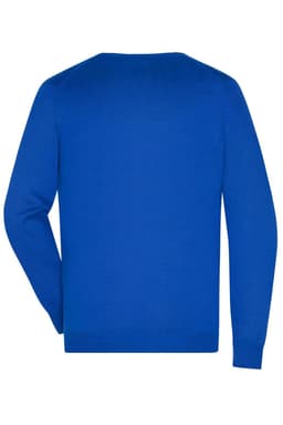 A blue men's V-neck pullover jumper featuring long sleeves and a back view. It has a logo on the side.