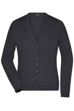 A ladies' V-neck cardigan in dark grey, featuring a button-down front and long sleeves. It has a logo on the label.