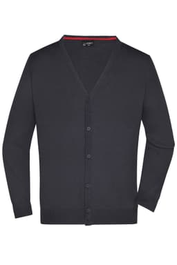 A navy men's V-neck cardigan with a button-down front and ribbed cuffs, featuring a logo.