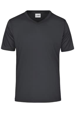 A short-sleeve men's active t-shirt in dark grey with a v-neck design and a logo on the label.