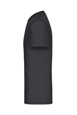 A black men's active T-shirt in a side view, featuring short sleeves and a fitted design. It has a logo on the fabric.