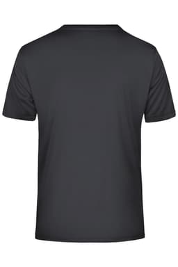 A black T-shirt with a plain back design, featuring a logo on the neckline.