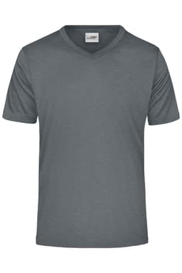 A grey men's T-shirt with a V-neck design and short sleeves. It features a logo on the upper area.