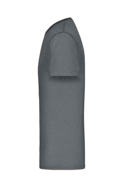 A grey men's T-shirt with short sleeves, featuring a smooth texture and a logo on the side.