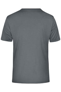 A grey men's T-shirt featuring a simple design and a logo on the back.