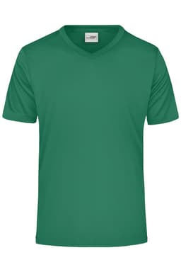 A green men's active t-shirt with a V-neck design and a logo on the label.