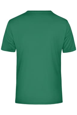 A green men's t-shirt with a plain back and a logo on the neckline.