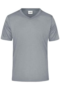 A grey men's T-shirt with a V-neck design and short sleeves, featuring a logo.