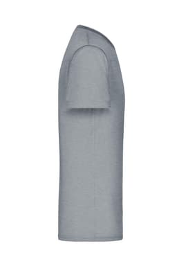 A grey men's t-shirt with short sleeves and a smooth texture, featuring a logo on one side.