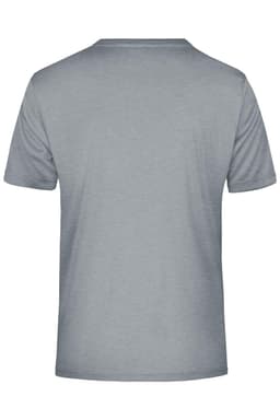 A grey men's t-shirt with a plain back and short sleeves, featuring a logo on the fabric.