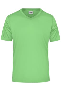 A short-sleeved, v-neck t-shirt in bright green, featuring a logo on the chest.