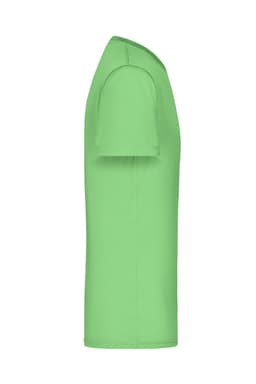 A side view of a short-sleeved, vibrant green T-shirt with a logo.