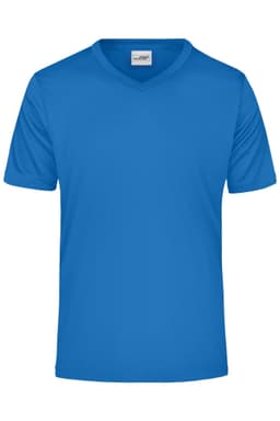 A blue V-neck T-shirt made from active fabric, featuring short sleeves and a branding logo.