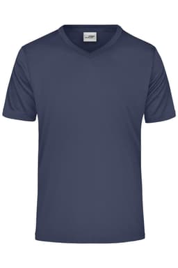 A navy blue men's t-shirt with a v-neck design and a small logo on the front.