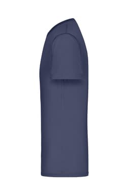 A navy blue men's active T-shirt displayed from the side, featuring short sleeves and a simple design with a logo.