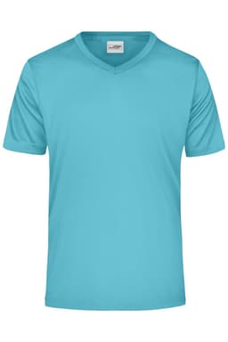 A turquoise men's active T-shirt with a V-neck and short sleeves, featuring a logo.