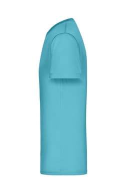 A turquoise men's T-shirt featuring short sleeves and a simple design. It includes a logo but no additional text.