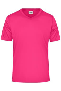 A vibrant pink men's T-shirt with a V-neck design and short sleeves, featuring a logo on the label.