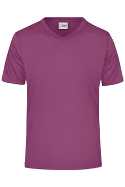 A short-sleeve, v-neck men's active t-shirt in a vibrant magenta colour. The shirt features a branding logo.