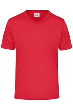 A red V-neck T-shirt with short sleeves, featuring a simple design and a logo on the label.