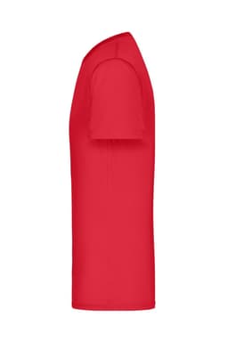 A red men's active T-shirt displayed from the side, featuring short sleeves and a simple design. It has a logo.