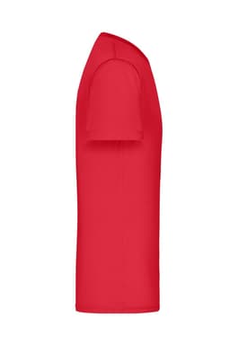 A red men's active t-shirt displayed from the side, featuring a smooth fabric texture and a logo.