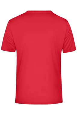 A red men's active T-shirt with a plain back view, featuring a logo.