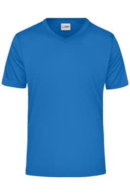 A blue men's active V-neck t-shirt with short sleeves and a logo.